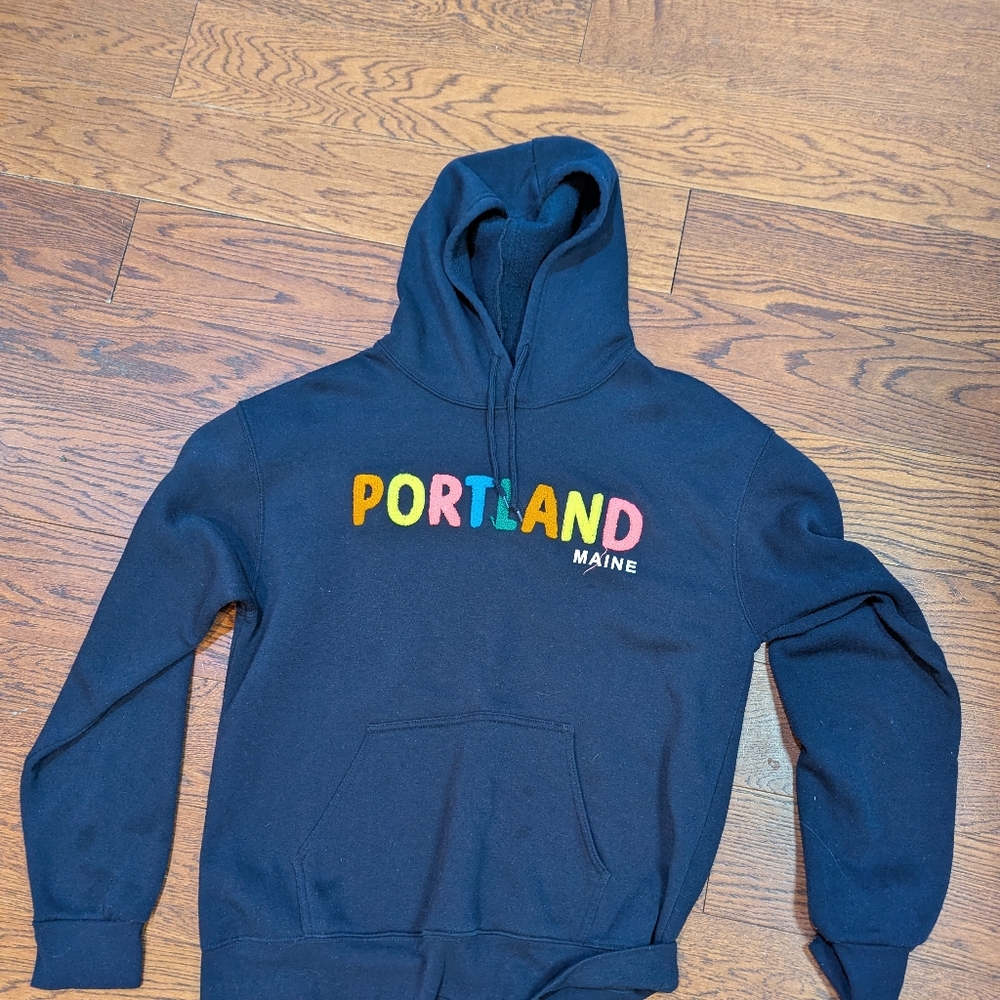 Black Portland Maine Multicolor Lettering Hoodie